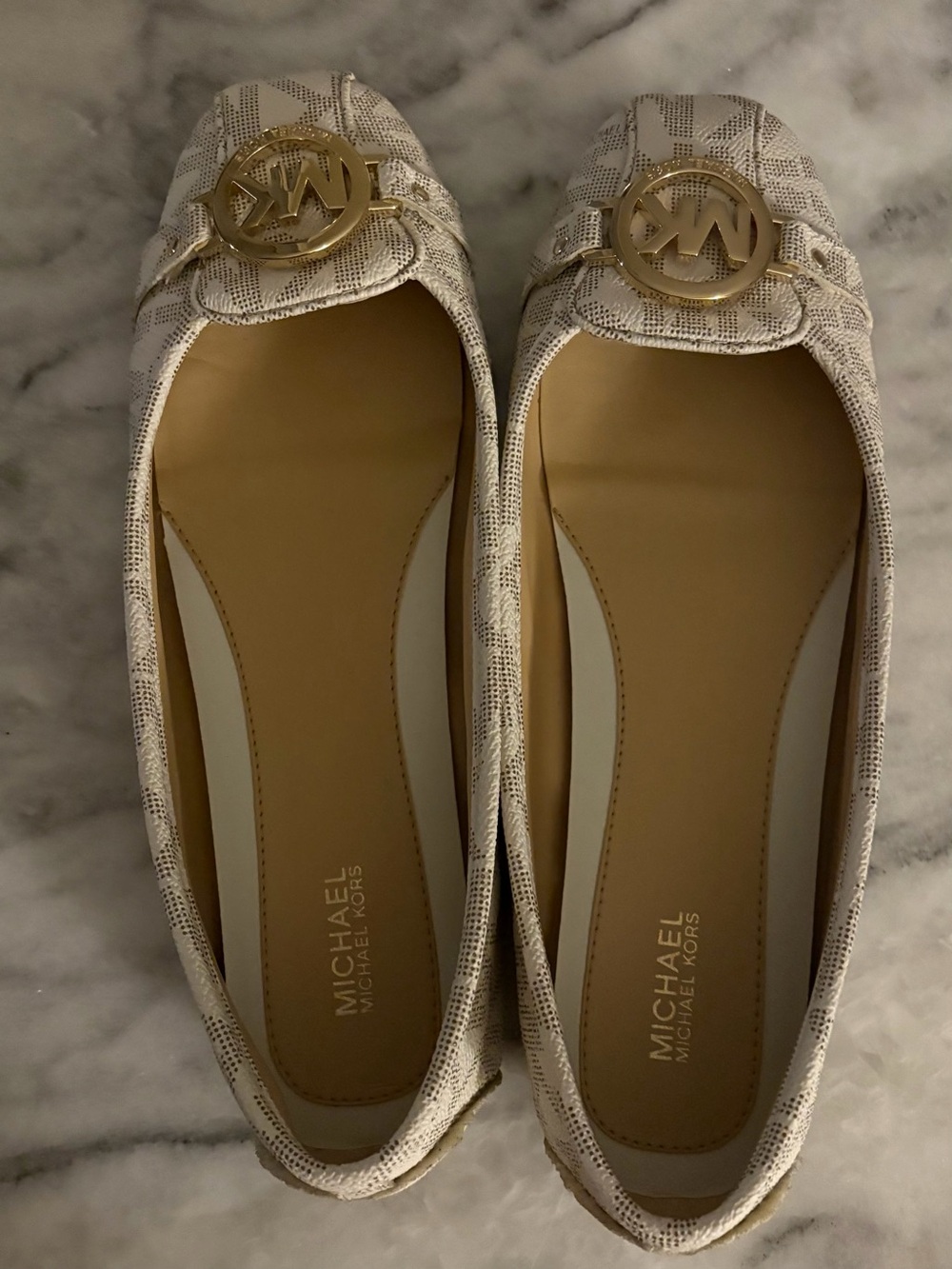 Michael Kors Cream Logo Ballet Flats with Gold Emblem
